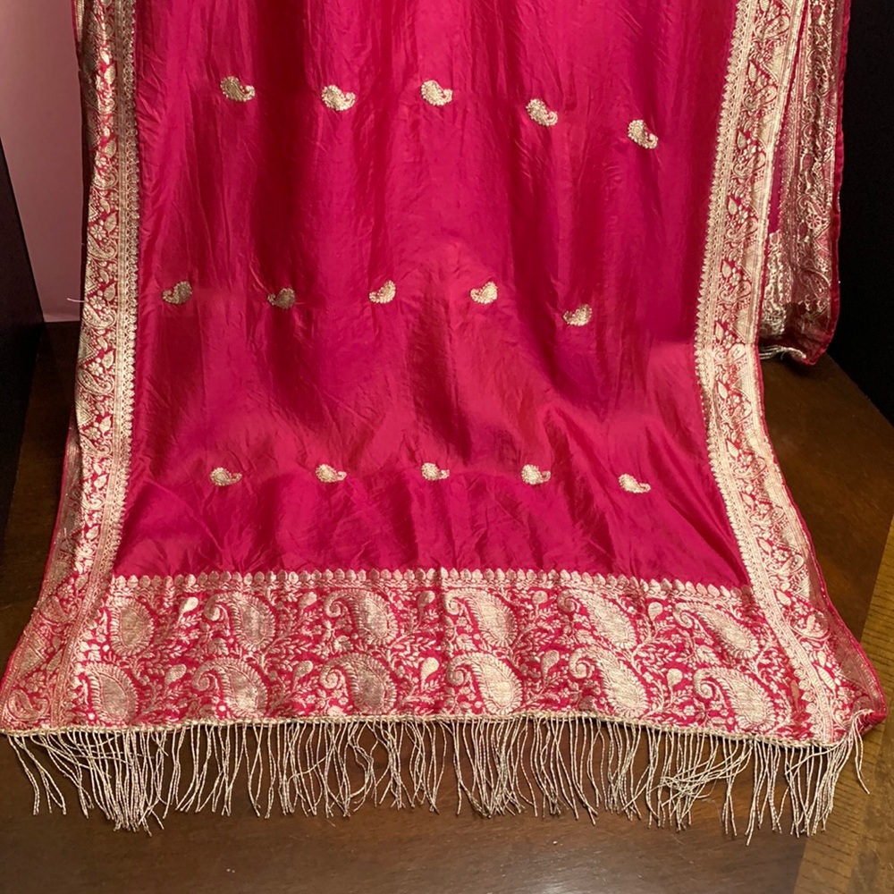 Vintage Stole Wrap with gold embroidery and metallic fringe.